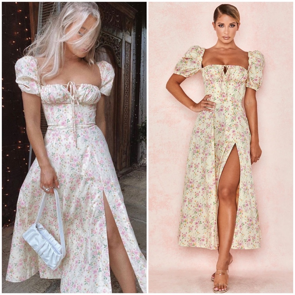 HOUSE OF CB Tallulah Puff Sleeves Midi Dress - Lemon Floral